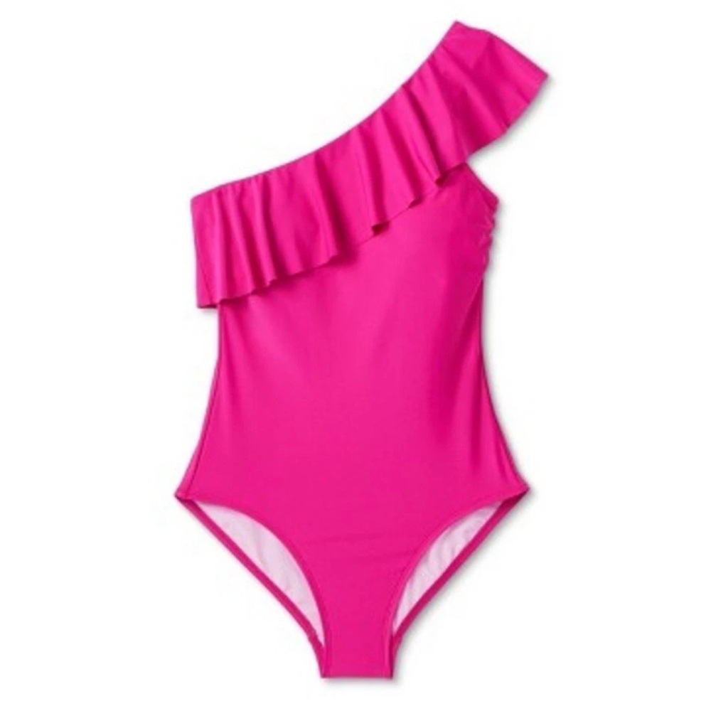 Kona Sol Pink Ruffled One-Shoulder Swimsuit Large (12-14) NWT